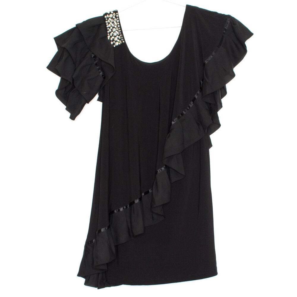 NWT Betsy Adam Dress Black Cocktail Party Rhinestone Ruffle Asymmetrical Y2K 4